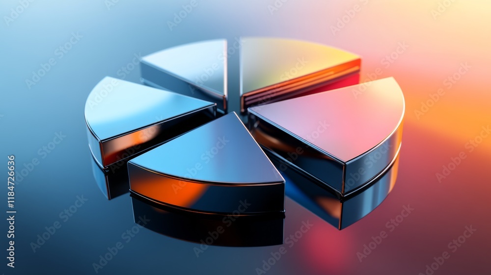 Poster a dynamic d pie chart with metallic segments, arranged on a reflective surface, representing financi