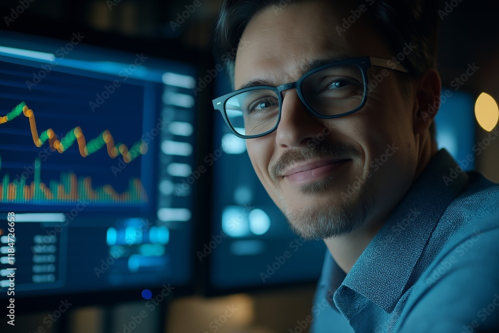 Poster Portrait of a smiling financial analyst working late at night, analyzing graphs and data displayed on multiple computer screens in a dimly lit office, showcasing dedication and expertise in finance