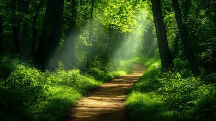 Obraz premium Serene forest path surrounded by lush greenery and sunlight filtering through the trees, perfect for mindfulness and meditation