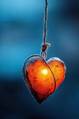 Glowing heart lantern creates a warm ambiance in dark outdoor space