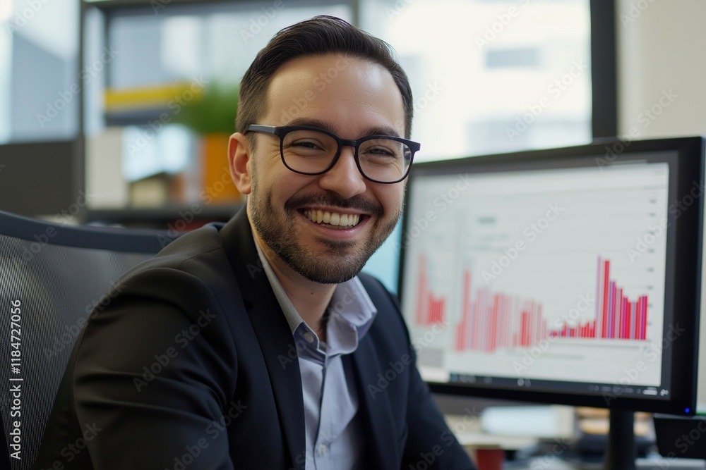 Aufkleber young businessman is smiling while working on his computer showing charts on screen, achieving busin