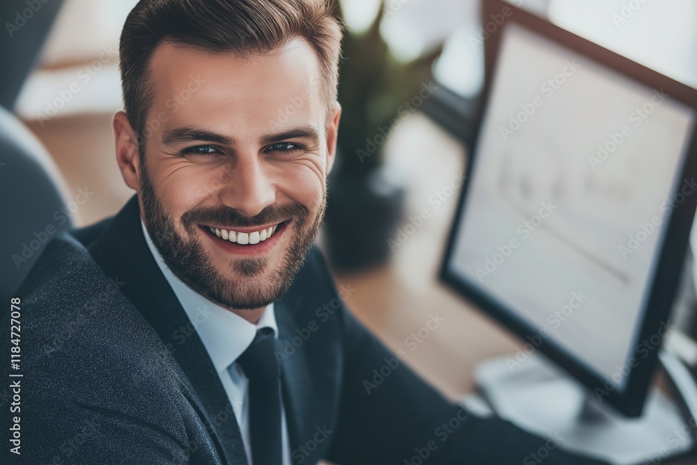 Poster portrait of a cheerful businessman sitting at his desk and smiling while working on his computer in 