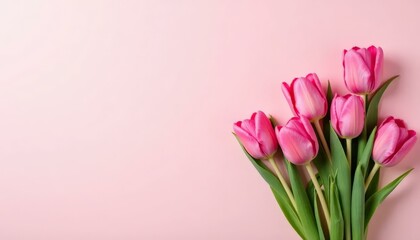 Obraz premium Pink Tulips on Pink Background, Spring Flower Bouquet, Floral Flat Lay