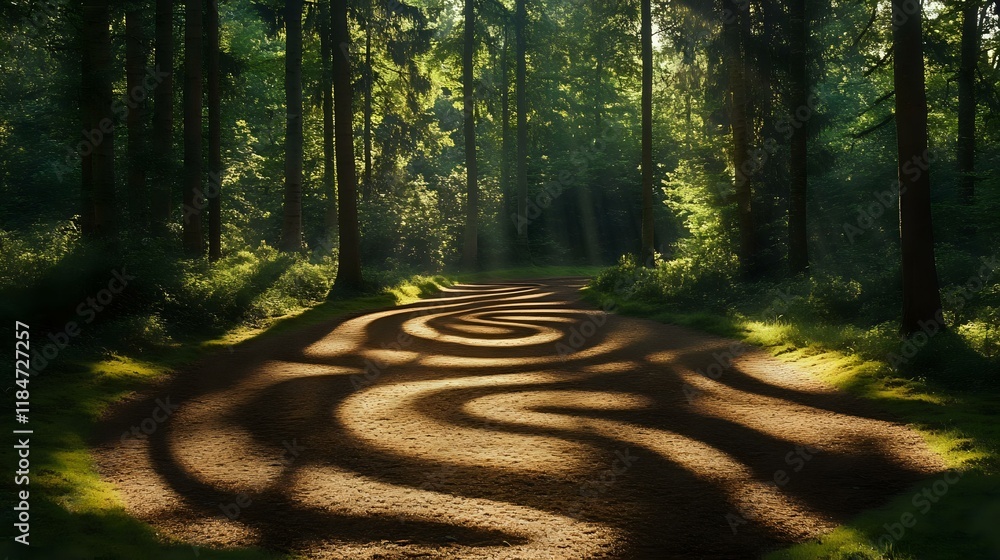 Poster sunlight streaming through forest trees with shadows creating calming patterns on the ground