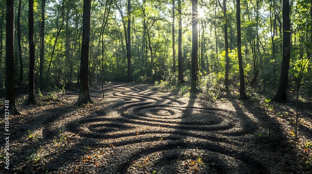 Poster sunlight streaming through forest trees with shadows creating calming patterns on the ground