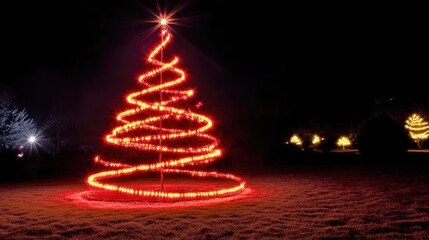 A spiraling design of warm red lights illuminates the night, creating a festive Christmas tree on a grassy lawn. The glowing lights create a magical and enchanting atmosphere.