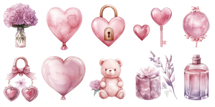 Watercolor romantic pink-themed elements including roses, cupcake, heart glass, and gifts on transparent background, perfect for weddings, anniversaries, or Valentine's designs