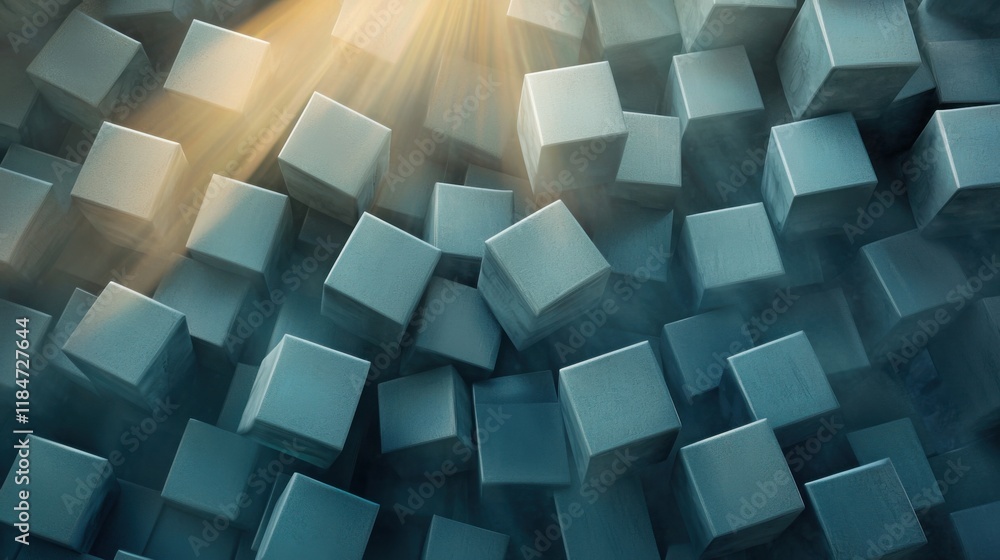 Poster a dynamic composition of colorful 3d cubes of various sizes, illuminated by soft light rays