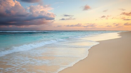 Obraz premium Tranquil beach scene with gentle waves lapping at the shore and soft pastel skies at sunrise