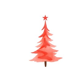 Red watercolor Christmas tree with star. (2)