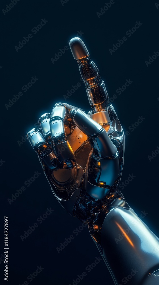 Poster robotic hand pointing index finger on dark background