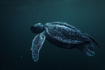 Fototapeta premium A majestic leatherback sea turtle glides gracefully through the deep ocean waters, showcasing its powerful flippers and unique shell patterns in a serene underwater environment
