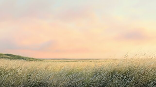 Tranquil scene of an open field with tall grass swaying in the wind under a pastel sky