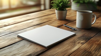 Coffee cup with steam beside blank paper and pencil on a wooden table.