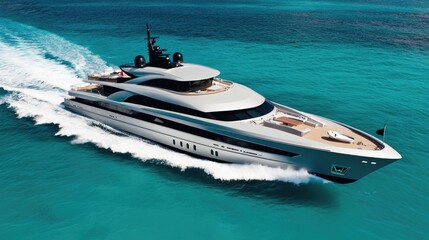 Fototapeta premium From above, a sleek luxury yacht glides through the crystal-clear Caribbean waters, with vibrant sea hues and lush greenery surrounding.