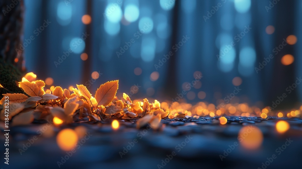 Poster a tranquil forest scene with glowing leaves scattered on the ground, illuminated by soft light, crea