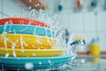 Colorful dishes being washed in a kitchen sink with water splashes, soap bubbles, and a bright,...