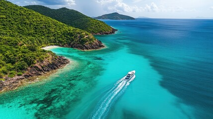 Obraz premium From above, a sleek yacht navigates the clear turquoise Caribbean sea, leaving gentle waves in its wake against a lush green backdrop.