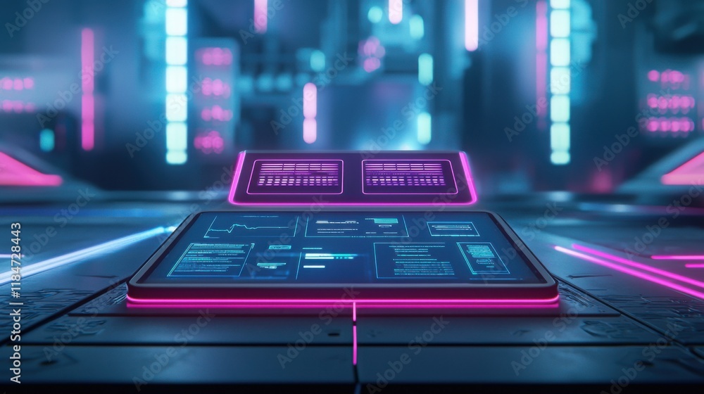 Poster a futuristic digital interface with floating holographic screens, glowing data streams