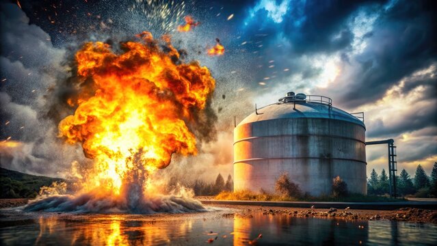 Dangerous gas tank fire and fuel spill necessitate urgent emergency response; significant industrial accident damage.
