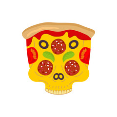 Skull pizza. Skeleton head pizza slice. Concept harmful fast food