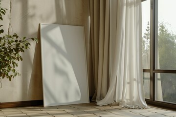 Blank Canvas Frame Near a Window with Elegant Curtain and Sunlight