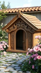 An adorable intricately crafted vintage wooden dog house.