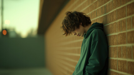 Young person standing against a brick wall during twilight, lost in thought. Generative AI