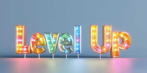 Colorful Neon Letters Spelling 'Level Up' with Vibrant Illuminated Design