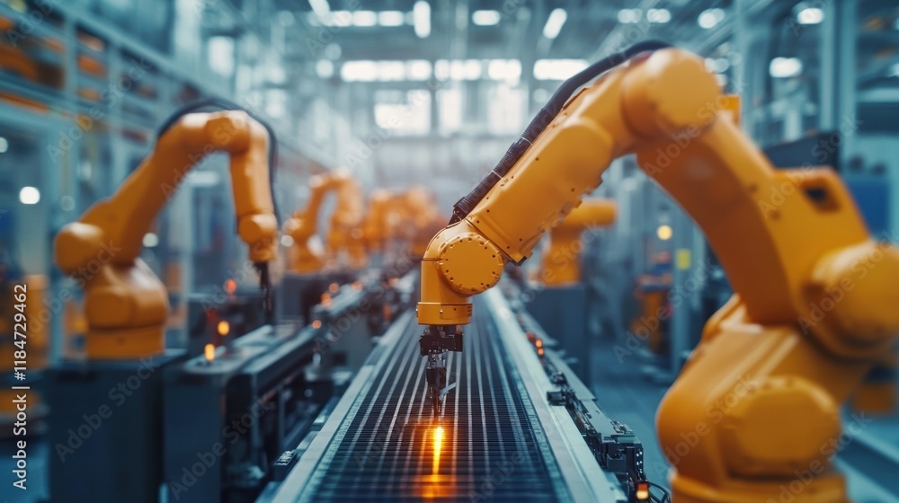 Poster modern industrial robotic arms welding and assembling parts on a production line in an automated fac