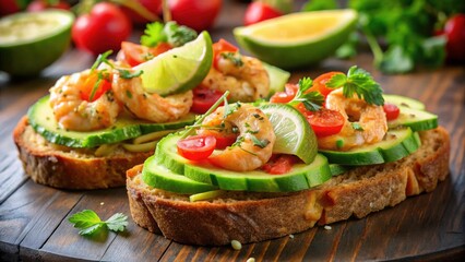 Delectable avocado shrimp bruschetta: a vibrant and flavorful appetizer.