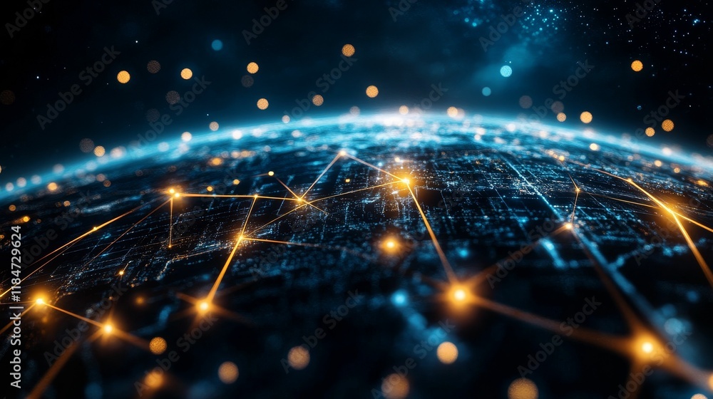 Poster global network, illuminated lines, interconnected nodes.