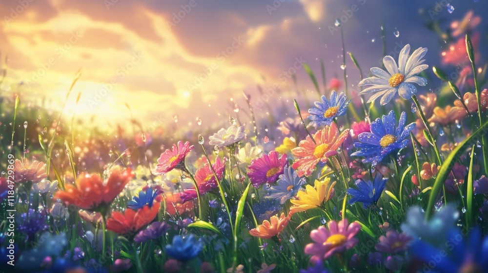 Poster a field of wildflowers with droplets of water on each bloom, creating a serene and refreshing atmosp