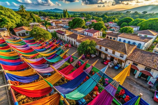 Discover El Salvador's Suchitoto: stunning drone photos of colorful, handwoven hammocks at unbeatable prices.