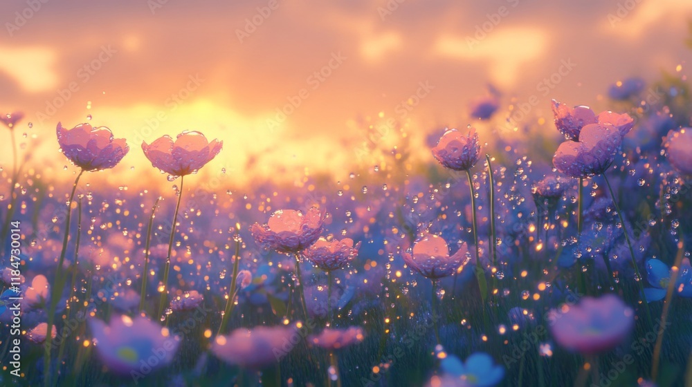 Aufkleber a field of wildflowers with droplets of water on each bloom, creating a serene and refreshing atmosp