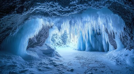 Majestic ice cave with stunning blue icicles and icy pathway.