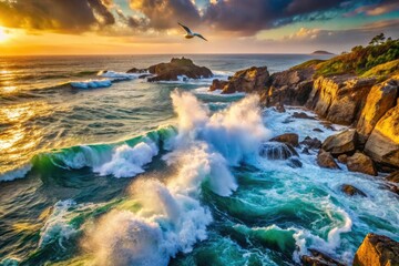 Obraz premium Drone view: Majestic waves thunder against a rocky beach, a breathtaking spectacle.