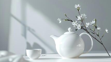 Minimalist White Teapot and Cup with Blossoming Branch on a Sunlit Table in a Serene Setting