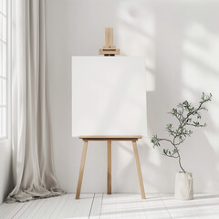 Blank canvas mockup on easel in bright studio