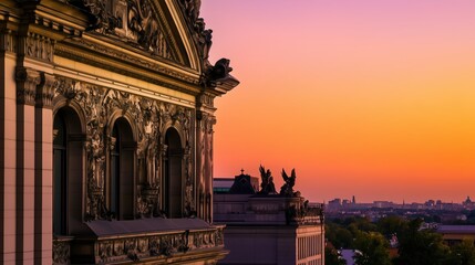 Obraz premium The Sun Is Setting Behind a Building With a Clock on It - Generative AI