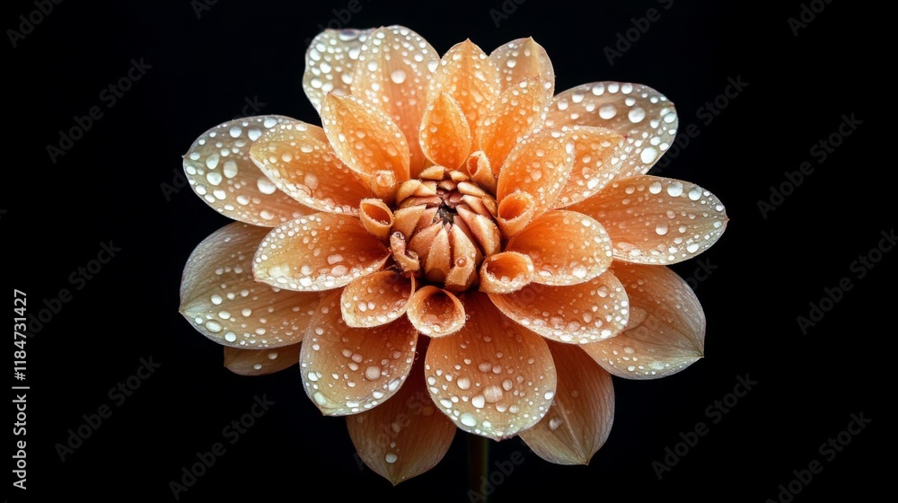 Poster a flower with dew drops on its petals against a dark background, with the droplets reflecting light 