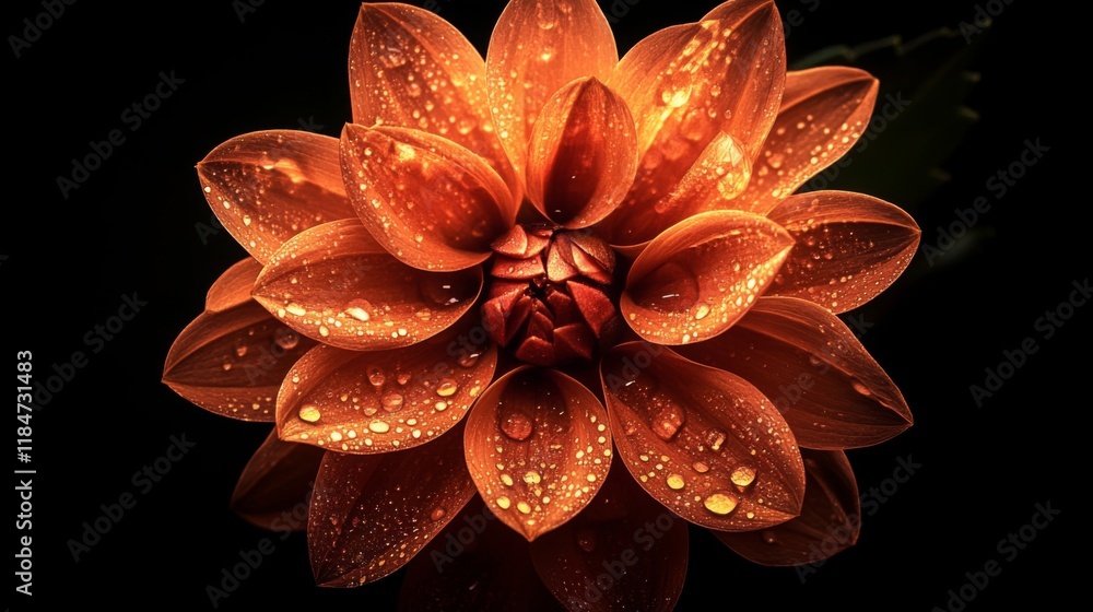 Poster a flower with dew drops on its petals against a dark background, with the droplets reflecting light 