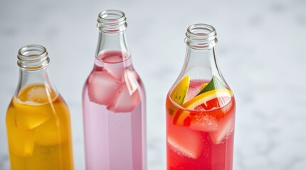 Bottles of colorful drinks with ice and fruit slices