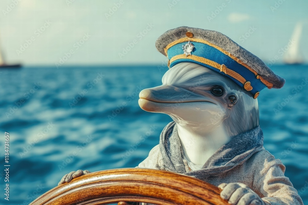 Poster dolphin captain navigating the ocean with a ships wheel and nautical attire on a sunny day at sea. g