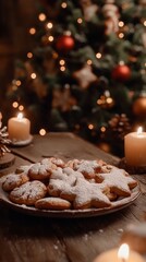 Fototapeta premium Christmas cookies with powdered sugar on a plate illuminating a cozy christmas scene