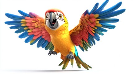 Fototapeta premium Colorful macaw parrot flying with spread wings on white background