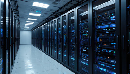 Server Room with Server Racks with Full of Servers, Big Data Center and Cyber Technology Concept.