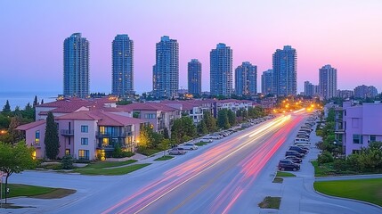 Fototapeta premium Captivating Aerial View of a Vibrant Urban Skyline at Night with Glowing Skyscrapers and Neon Lights