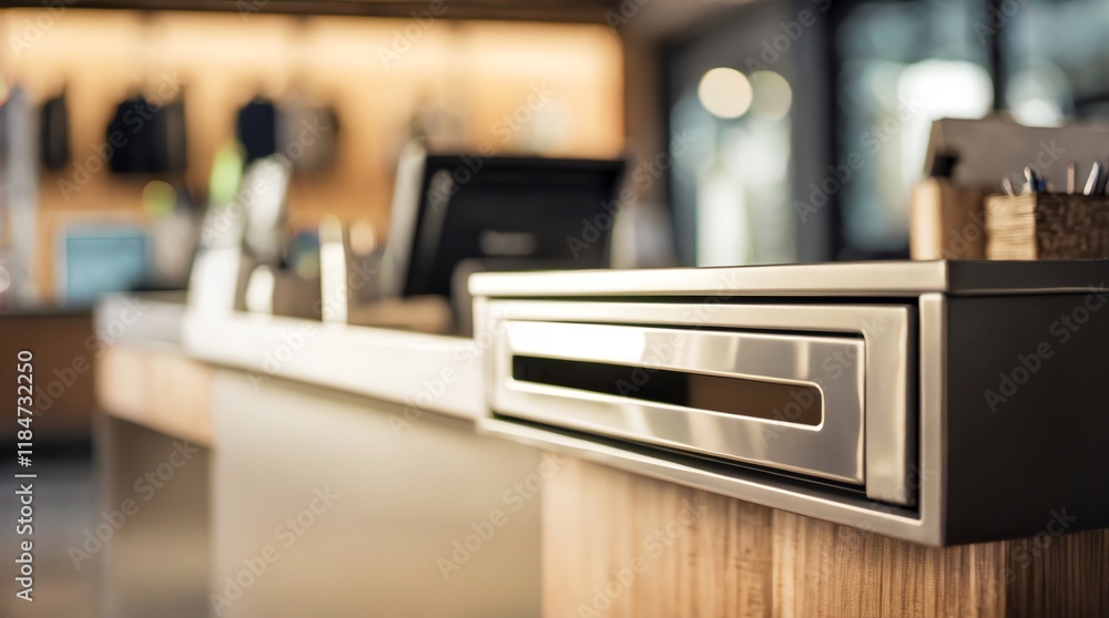 Poster a modern reception area featuring a sleek counter and payment terminal.