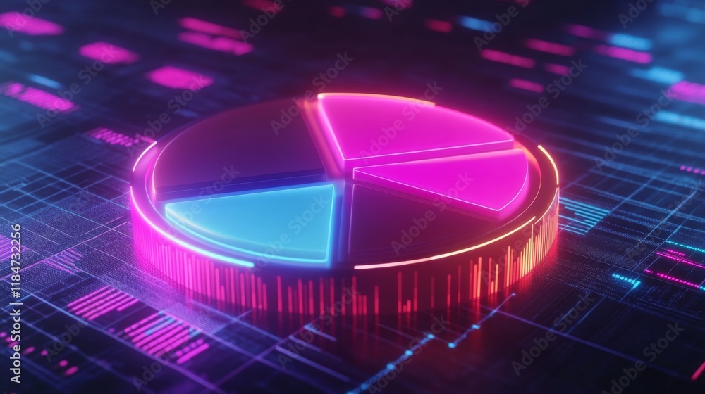 Leinwandbilder a futuristic d pie chart with glowing neon segments, rotating in a digital space, symbolizing modern